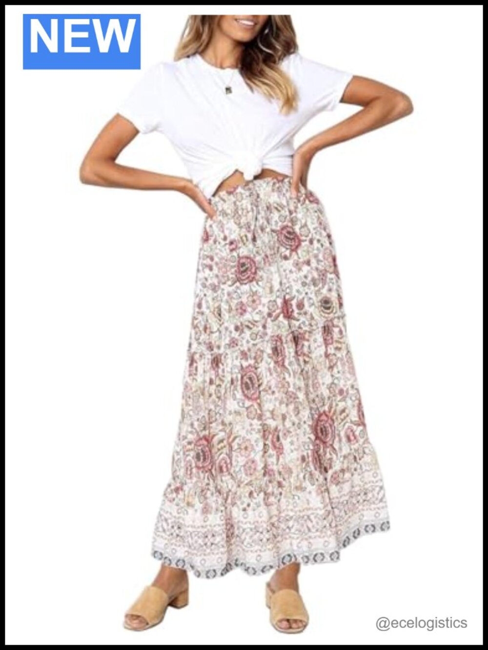 Boho Floral Maxi Skirt High Waist Pleated A Line Ruffle Boho Casual